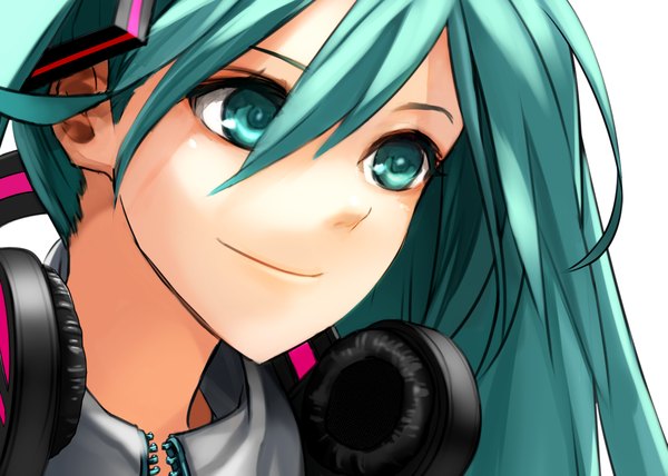 Anime picture 1400x1000 with vocaloid hatsune miku chirigami-san single long hair smile aqua eyes aqua hair face girl headphones