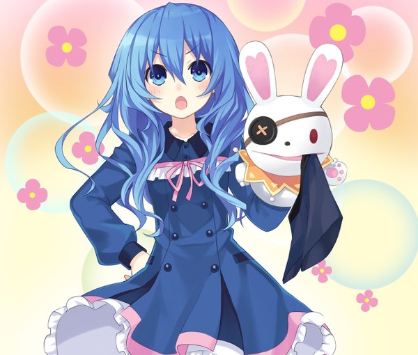 Anime picture 1280x1088 with date a live yoshino (date a live) yoshinon tsunako single long hair looking at viewer blush open mouth blue eyes animal ears blue hair official art bunny ears hand on hip looking up girl dress toy stuffed animal