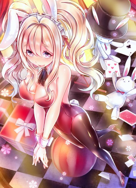 Anime picture 1054x1455 with original here (hr rz ggg) single long hair tall image blush light erotic blonde hair smile standing purple eyes animal ears bunny ears bunny girl girl bow hair bow animal gift bunny