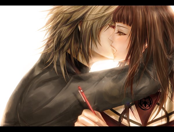 Anime picture 1200x910 with hiiro no kakera kasuga tamaki long hair red eyes brown hair brown eyes couple kiss girl boy uniform school uniform pen