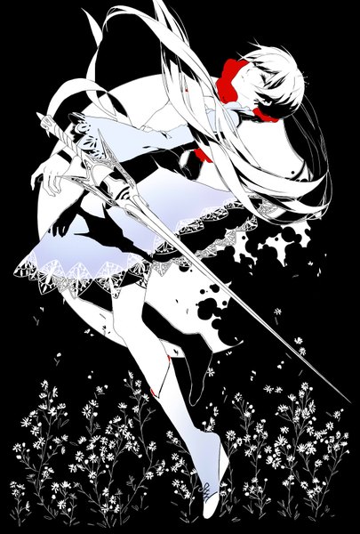 Anime picture 1181x1748 with rwby rooster teeth weiss schnee protia single long hair tall image fringe simple background bent knee (knees) ponytail eyes closed wide sleeves black background lacing weightlessness girl dress flower (flowers) weapon