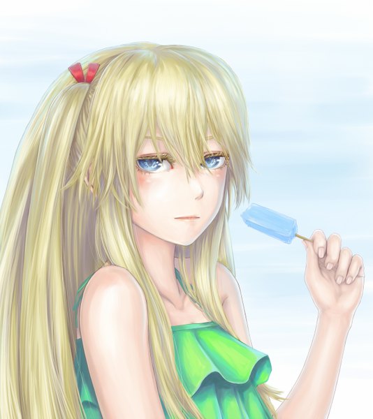 Anime picture 1200x1349 with genshiken arms corporation susanna hopkins nakacha single long hair tall image blush blue eyes blonde hair twintails bare shoulders lips realistic turning head eating serious girl dress hair ornament