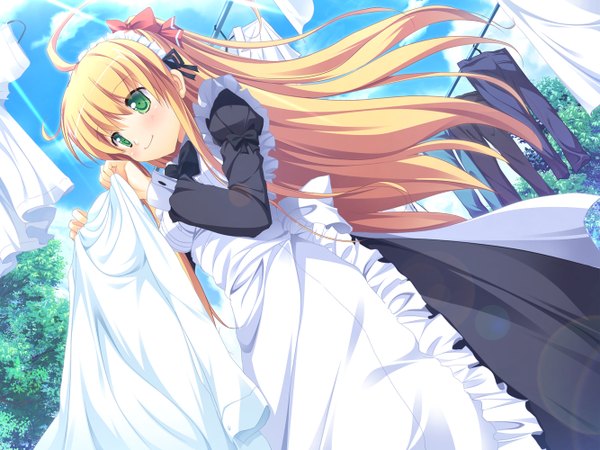 Anime picture 1333x1000 with osananajimi wa daitouryou (game) long hair blonde hair green eyes game cg ahoge maid girl