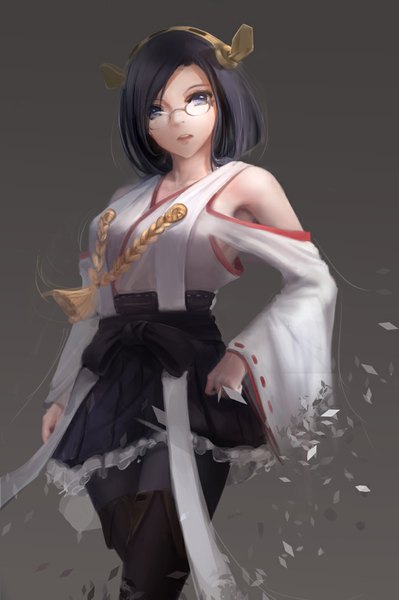 Anime picture 700x1053 with kantai collection kirishima battleship yueyue single tall image looking at viewer fringe short hair open mouth simple background standing purple eyes purple hair traditional clothes wide sleeves hand on hip miko nontraditional miko girl glasses