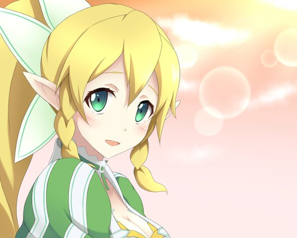 Anime picture 1250x1000 with sword art online a-1 pictures leafa iray single long hair looking at viewer blush fringe open mouth blonde hair green eyes sky cleavage upper body ponytail braid (braids) pointy ears sunlight twin braids
