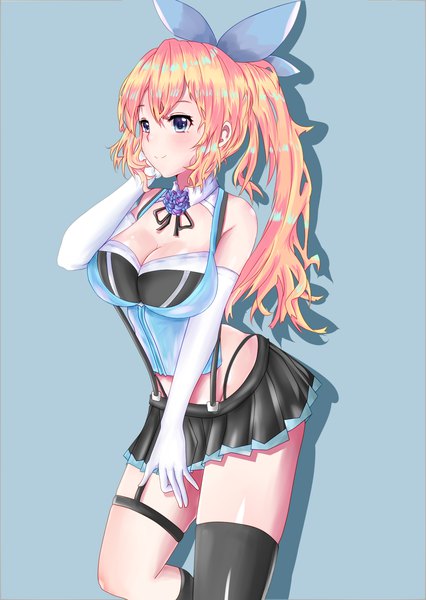 Anime picture 1240x1748 with virtual youtuber mirai akari project mirai akari nan (artist) single long hair tall image looking at viewer fringe breasts blue eyes light erotic simple background blonde hair smile hair between eyes large breasts bare shoulders cleavage ponytail