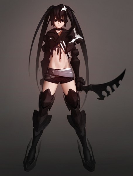 Anime picture 2220x2926 with black rock shooter insane black rock shooter revolmxd single long hair tall image highres black hair twintails brown eyes grey background midriff girl gloves navel weapon sword elbow gloves jacket shorts