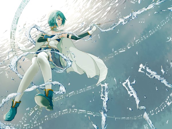 Anime picture 2000x1500 with mahou shoujo madoka magica shaft (studio) miki sayaka ein (spike ein) single fringe highres short hair open mouth blue eyes holding looking away full body bent knee (knees) pleated skirt aqua hair midriff outstretched arm soles underwater