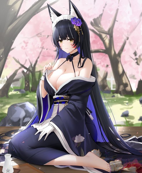 Anime picture 4645x5671 with azur lane musashi (azur lane) musashi (violet moonglow) (azur lane) qing wu single tall image looking at viewer fringe highres breasts light erotic black hair large breasts sitting animal ears yellow eyes absurdres cleavage full body outdoors