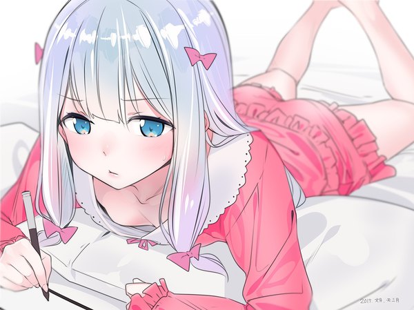 Anime picture 1100x824 with eromanga sensei a-1 pictures izumi sagiri ama mitsuki single long hair blush fringe blue eyes light erotic looking away cleavage silver hair bent knee (knees) ass lying blunt bangs long sleeves no bra sweat