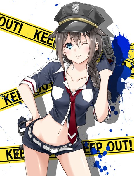 Anime picture 863x1128 with kantai collection shigure destroyer aoyashio rin single long hair tall image blue eyes black hair smile ahoge braid (braids) one eye closed midriff hand on hip single braid remodel (kantai collection) girl gloves uniform weapon