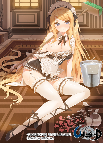 Anime picture 680x942 with unleashed mx2j (nsh6394) single long hair tall image looking at viewer blush breasts blue eyes light erotic blonde hair sitting holding bent knee (knees) sunlight maid embarrassed shiny girl thighhighs