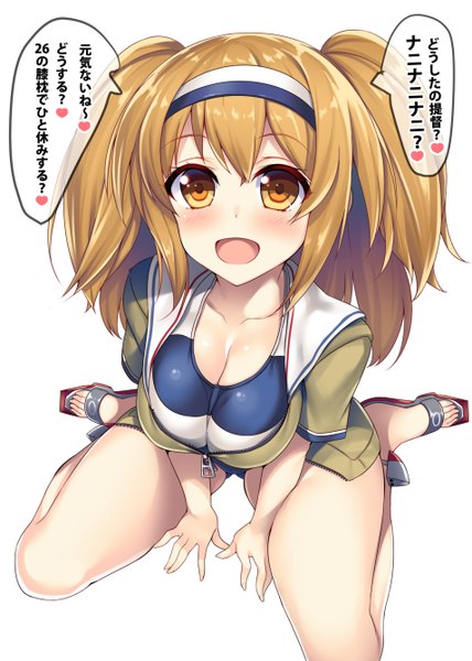 Anime picture 954x1337 with kantai collection i-26 (kantai collection) raiou single long hair tall image looking at viewer blush fringe breasts open mouth light erotic simple background smile hair between eyes brown hair large breasts white background sitting yellow eyes