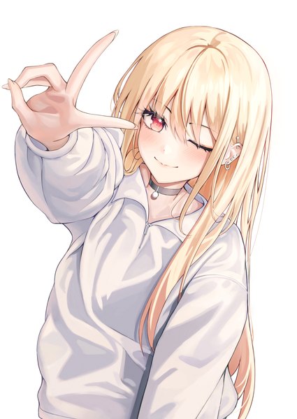 Anime picture 900x1270 with sono bisque doll wa koi wo suru cloverworks kitagawa marin melt (melt out1) single long hair tall image looking at viewer blonde hair simple background smile red eyes white background upper body one eye closed wink piercing victory ear piercing girl