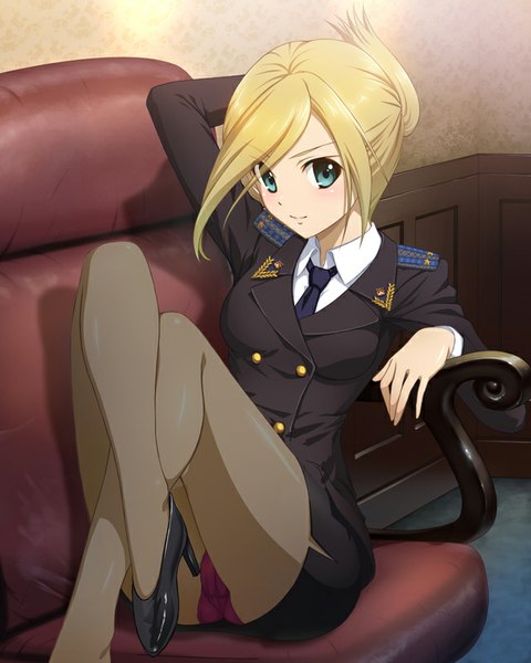 Anime picture 640x800 with peropero saimin aocchi single tall image looking at viewer blush short hair blue eyes light erotic blonde hair smile sitting bent knee (knees) indoors high heels crossed legs arm behind head girl skirt uniform