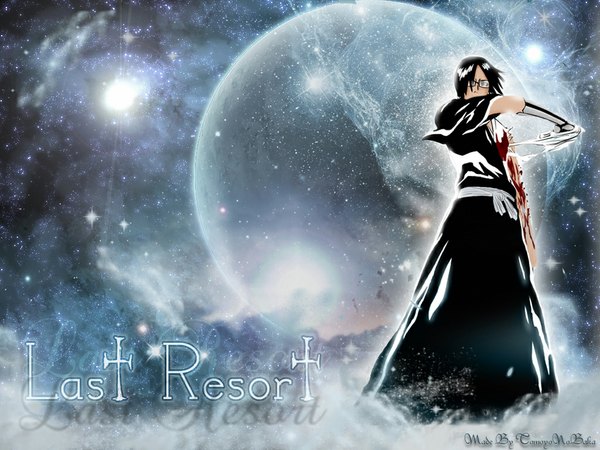 Anime picture 1024x768 with bleach studio pierrot ishida uryuu single black hair standing signed inscription from below torn clothes dark skin third-party edit space boy glasses moon blood star (stars) full moon