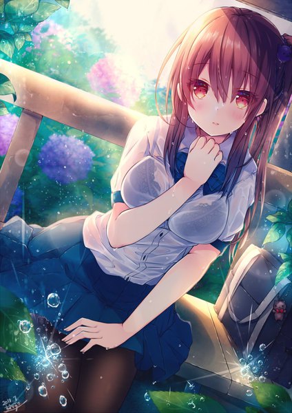 Anime picture 700x990 with original azu torako single long hair tall image looking at viewer blush fringe light erotic hair between eyes red eyes brown hair sitting payot outdoors parted lips pleated skirt short sleeves wet dutch angle