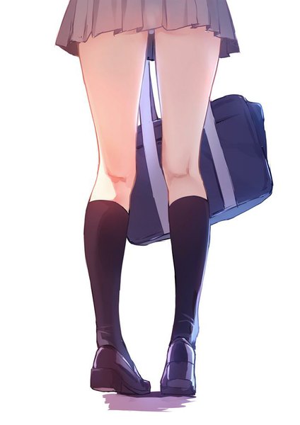 Anime picture 700x990 with original caidychen single tall image light erotic simple background white background pleated skirt pantyshot legs head out of frame jpeg artifacts girl skirt underwear panties miniskirt socks black socks school bag