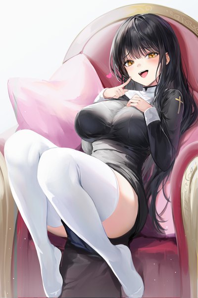Anime picture 4000x6000 with original lillly single long hair tall image looking at viewer blush fringe highres breasts open mouth light erotic black hair smile large breasts sitting brown eyes absurdres full body bent knee (knees)