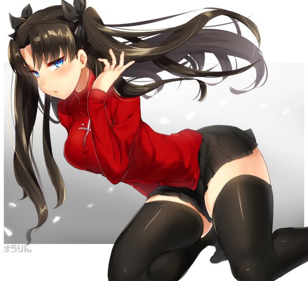 Anime picture 1040x951 with fate (series) fate/stay night toosaka rin suurin (ksyaro) single long hair looking at viewer blush fringe breasts open mouth blue eyes light erotic brown hair twintails bent knee (knees) pleated skirt :o leaning no shoes