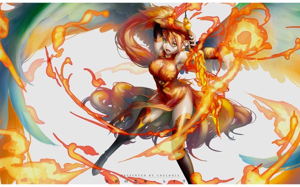 Anime picture 1920x1200 with puzzle & dragons leilan (p&d) chelonia single long hair looking at viewer fringe highres breasts open mouth large breasts standing twintails bare shoulders green eyes tail animal tail orange hair armpit (armpits) magic