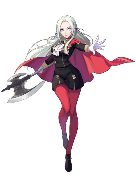 Anime picture 3405x4470 with fire emblem fire emblem: three houses nintendo edelgard von hresvelg sixteen minus seven single long hair tall image looking at viewer fringe highres simple background smile standing purple eyes absurdres white hair outstretched arm girl gloves