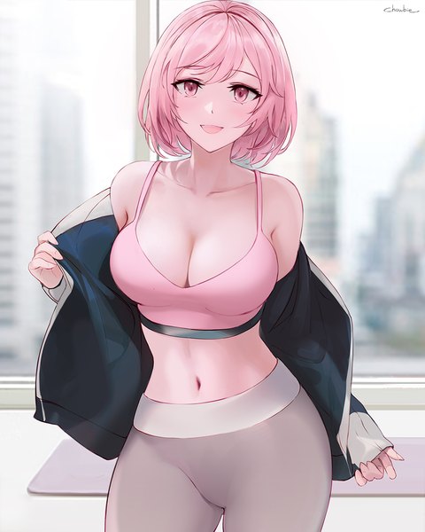 Anime picture 1000x1250 with original chowbie single tall image looking at viewer blush fringe short hair breasts open mouth light erotic smile large breasts standing bare shoulders pink hair cleavage :d pink eyes blurry
