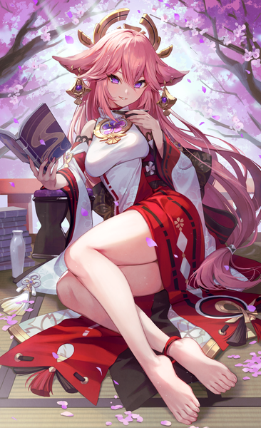Anime picture 733x1200 with genshin impact yae miko kuze kaname single long hair tall image looking at viewer blush fringe breasts smile hair between eyes sitting purple eyes bare shoulders holding animal ears payot pink hair full body