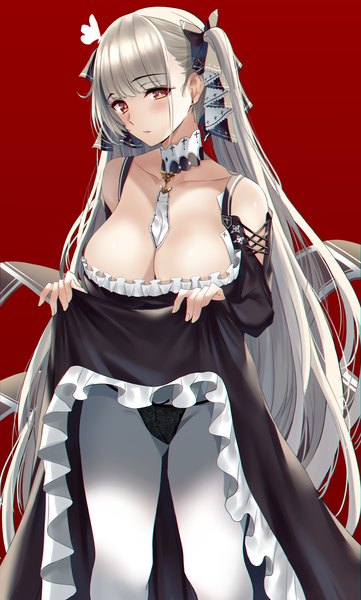 Anime picture 1000x1660 with azur lane formidable (azur lane) nicky w single tall image looking at viewer blush fringe breasts light erotic simple background red eyes large breasts standing twintails bare shoulders cleavage blunt bangs very long hair parted lips