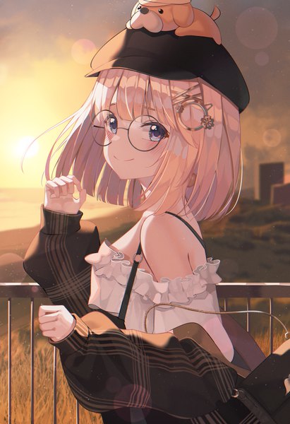 Anime picture 1244x1818 with azur lane virtual youtuber hololive hololive english watson amelia bubba (watson amelia) kanzi single tall image looking at viewer blush fringe short hair blue eyes blonde hair smile bare shoulders sky cloud (clouds) outdoors