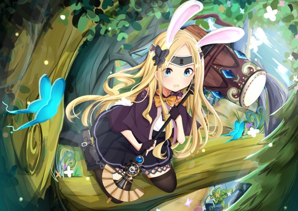 Anime picture 4961x3508 with fate (series) fate/grand order abigail williams (fate) kaya (tyhk7874) single long hair looking at viewer blush highres open mouth blue eyes blonde hair animal ears absurdres full body outdoors from above bunny ears alternate costume kemonomimi mode