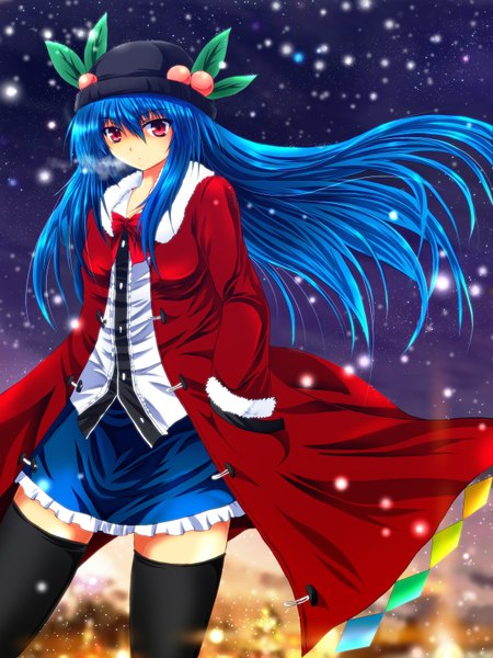 Anime picture 1200x1600 with touhou hinanawi tenshi nekominase single long hair tall image red eyes blue hair girl thighhighs skirt black thighhighs hat miniskirt jacket