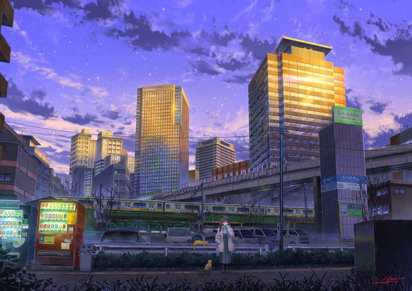 Anime picture 1920x1357 with original niko p single long hair highres blue eyes brown hair standing signed sky cloud (clouds) full body twitter username city evening sunset cityscape hand in pocket girl skirt