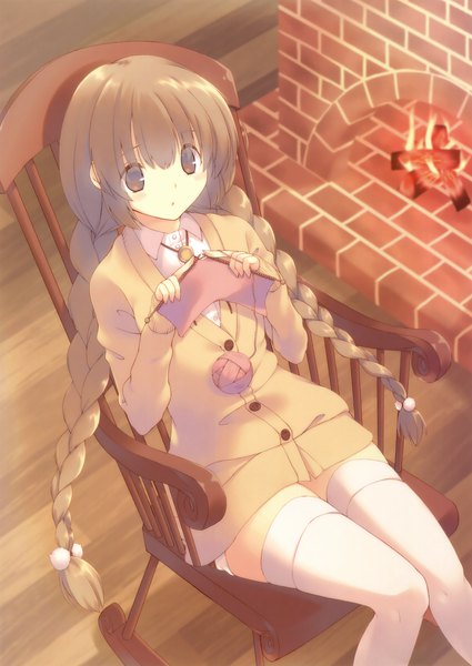Anime picture 2482x3500 with original mutsuno hekisa single long hair tall image highres brown hair sitting brown eyes braid (braids) scan official art girl thighhighs white thighhighs fireplace