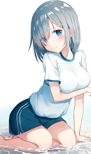 Anime picture 894x1500 with kantai collection hamakaze destroyer shikuro (iorimiyakiyo) single tall image looking at viewer blush fringe short hair breasts blue eyes light erotic bent knee (knees) barefoot grey hair hair over one eye arm support bare legs kneeling breast hold
