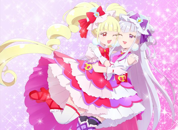 Anime picture 3121x2287 with precure hugtto! precure toei animation ruru amour aisaki emiru cure amour cure macherie idori looking at viewer fringe highres blonde hair smile red eyes twintails purple eyes multiple girls payot absurdres purple hair