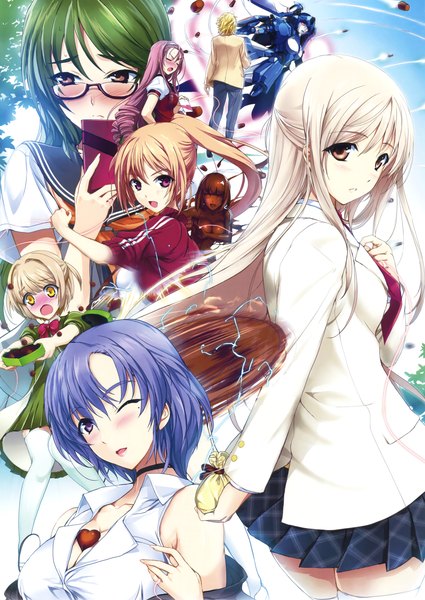 Anime picture 2338x3300 with original eshi 100-nin ten onigirikun long hair tall image blush highres short hair open mouth blonde hair purple eyes multiple girls brown eyes looking away cleavage ponytail pleated skirt one eye closed green hair wink