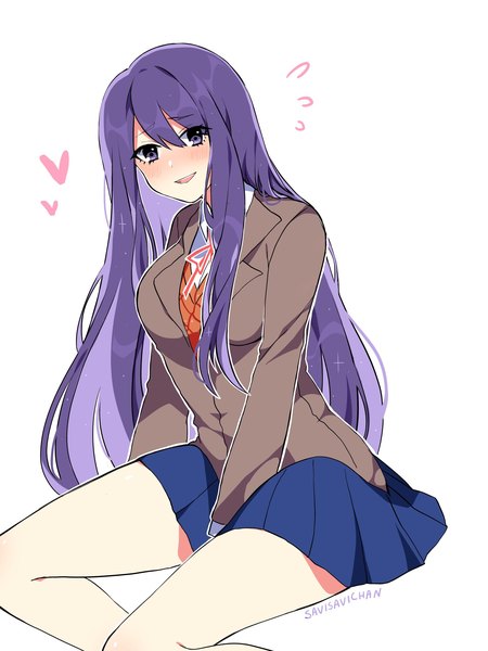 Anime picture 1536x2048 with doki doki literature club yuri (doki doki literature club) savi (byakushimc) single long hair tall image looking at viewer blush fringe open mouth simple background smile hair between eyes white background sitting purple eyes signed purple hair bent knee (knees) long sleeves