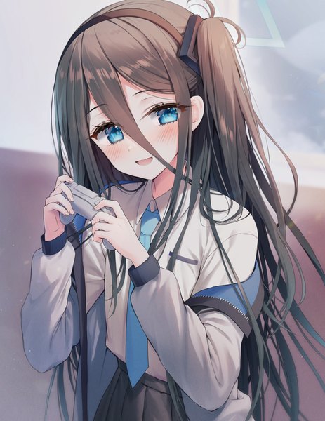 Anime picture 1000x1296 with blue archive aris (blue archive) kuro futoshi single long hair tall image blush fringe open mouth blue eyes hair between eyes brown hair upper body :d one side up girl uniform school uniform controller joystick