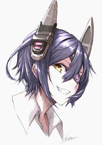 Anime picture 724x1024 with kantai collection tenryuu light cruiser kuroneko nero single tall image looking at viewer simple background smile hair between eyes white background signed yellow eyes purple hair portrait girl eyepatch