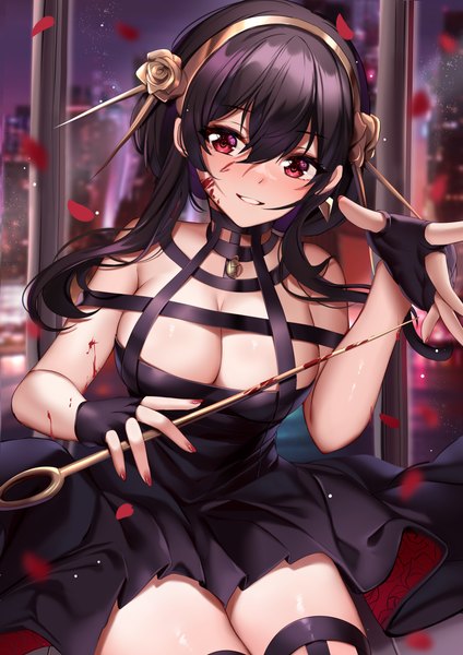 Anime picture 2828x4000 with spy x family yor briar squchan single long hair tall image looking at viewer blush fringe highres breasts light erotic black hair hair between eyes red eyes sitting bare shoulders holding indoors nail polish