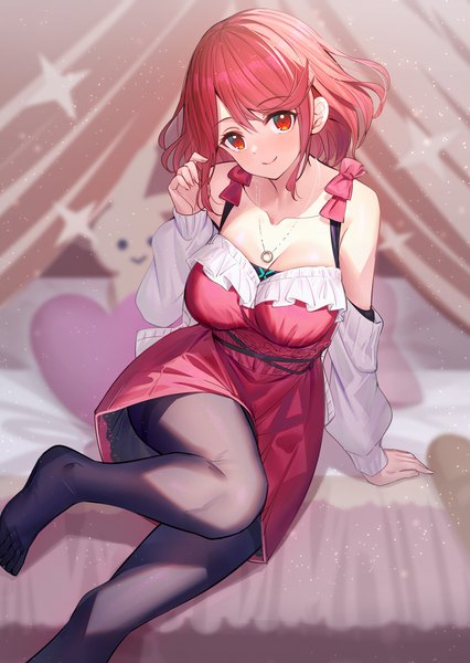 Anime picture 900x1269 with xenoblade xenoblade 2 pyra (xenoblade) ririko (zhuoyandesailaer) single tall image looking at viewer fringe short hair breasts hair between eyes red eyes large breasts sitting bare shoulders cleavage red hair indoors head tilt from above