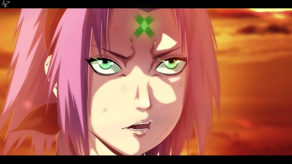 Anime picture 2500x1406 with naruto studio pierrot naruto (series) haruno sakura animezona single highres short hair open mouth wide image green eyes pink hair coloring portrait looking up face girl