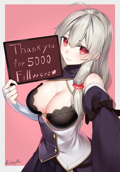 Anime picture 2244x3222 with original celeryma single long hair tall image looking at viewer blush fringe highres breasts light erotic simple background hair between eyes red eyes large breasts holding signed payot cleavage silver hair