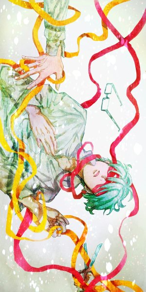 Anime picture 768x1534 with kuroko no basket production i.g midorima shintarou tsubaki ya (artist) single tall image short hair open mouth green hair weightlessness blindfold boy ribbon (ribbons) shirt glasses hand scissors