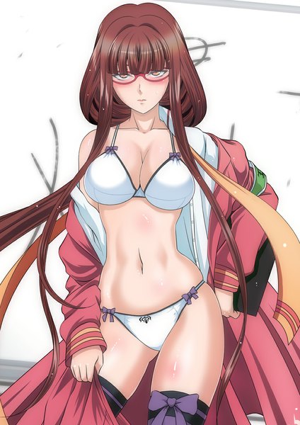 Anime picture 750x1062 with aoki hagane no arpeggio hiei (aoki hagane no arpeggio) kaname aomame single long hair tall image looking at viewer blush breasts light erotic brown hair brown eyes girl thighhighs navel underwear panties glasses lingerie bra