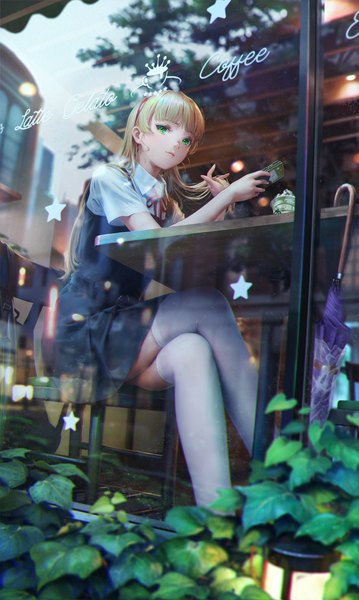 Anime picture 1260x2103 with hello!!! love live! sunrise (studio) love live! heanna sumire namako mikan single long hair tall image looking at viewer fringe blonde hair smile sitting holding green eyes payot indoors blunt bangs blurry from below