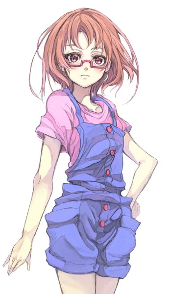 Anime picture 695x1200 with precure suite precure toei animation shirabe ako toromi chuka single tall image looking at viewer blush short hair simple background brown hair white background brown eyes hand on hip girl glasses overalls