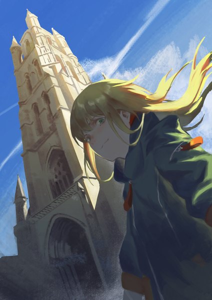 Anime-Bild 1273x1800 mit original croic single long hair tall image looking at viewer fringe blonde hair green eyes sky wind from below architecture real world location girl jacket