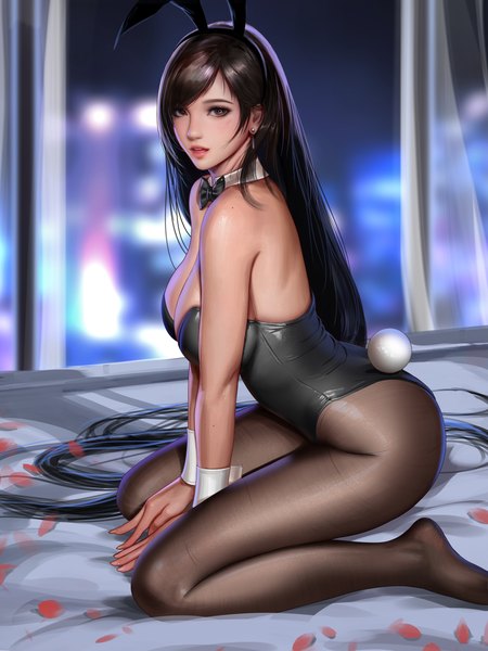 Anime-Bild 3000x4000 mit final fantasy final fantasy vii square enix tifa lockhart liang xing single tall image looking at viewer blush fringe highres breasts open mouth light erotic black hair large breasts sitting brown eyes animal ears bent knee (knees)